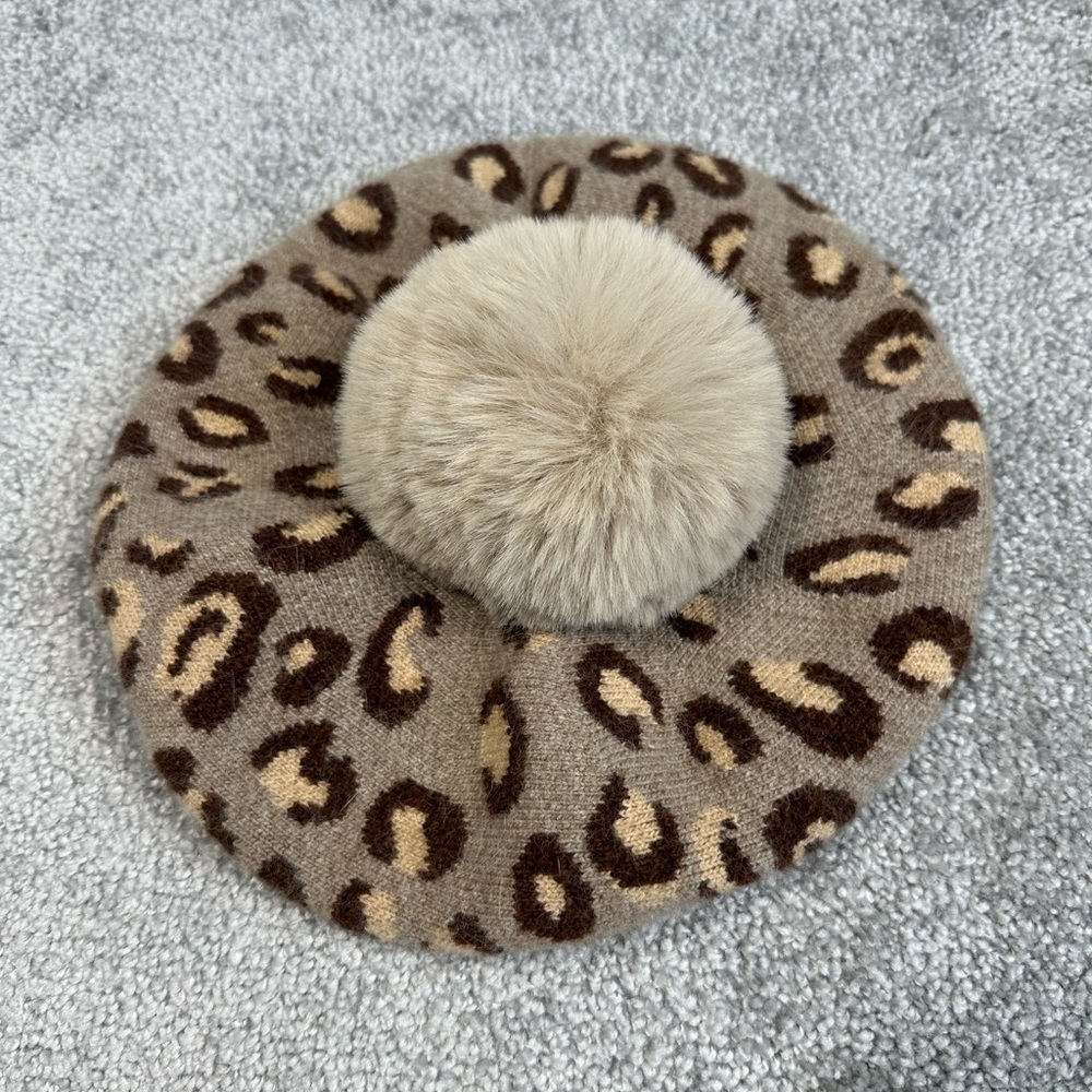 Norla Hat Beret Pom Pom Cheetah Leopard Wool Blend